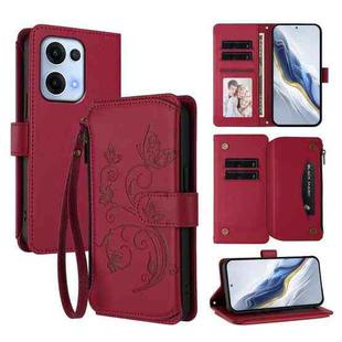 For OPPO Reno13 5G Global Butterfly Love Flower Multi-card Zipper Wallet Leather Phone Case(Wine Red)