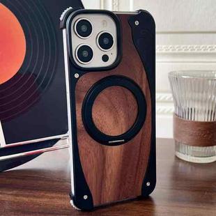 For iPhone 16 Pro Max Walnut Metal Frameless 360 Degree Rotation Holder MagSafe Phone Case(Black)
