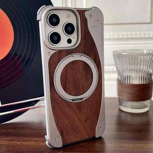 For iPhone 16 Pro Walnut Metal Frameless 360 Degree Rotation Holder MagSafe Phone Case(Titanium Color)