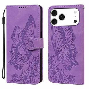 For iPhone 17 Pro Retro Skin Feel Butterflies Embossing Horizontal Flip Leather Phone Case(Purple)