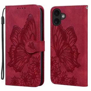 For iPhone 17 Retro Skin Feel Butterflies Embossing Horizontal Flip Leather Phone Case(Red)