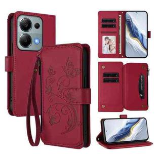 For Redmi Note 14S 4G / Note 13 Pro 4G Butterfly Love Flower Multi-card Zipper Wallet Leather Phone Case(Wine Red)