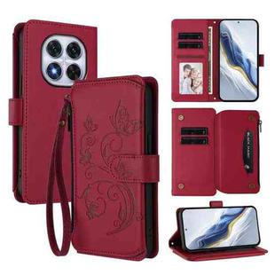 For Redmi Note 14 Pro 4G Butterfly Love Flower Multi-card Zipper Wallet Leather Phone Case(Wine Red)