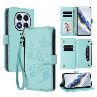 For Redmi Note 14 Pro 4G Butterfly Love Flower Multi-card Zipper Wallet Leather Phone Case(Mint Green)