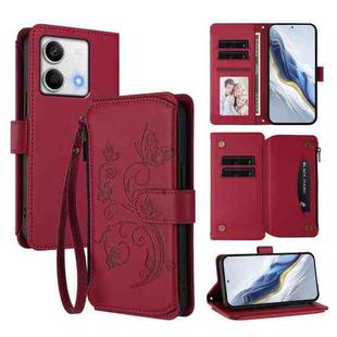 For Redmi Note 13 5G Butterfly Love Flower Multi-card Zipper Wallet Leather Phone Case(Wine Red)