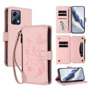 For Redmi Note 12 5G Global / Xiaomi Poco X5 Butterfly Love Flower Multi-card Zipper Wallet Leather Phone Case(Pink)