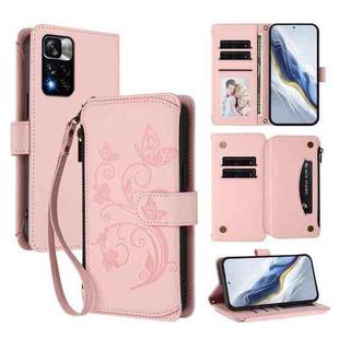 For Redmi Note 11 Pro+ 5G / Xiaomi Poco X4 NFC Butterfly Love Flower Multi-card Zipper Wallet Leather Phone Case(Pink)