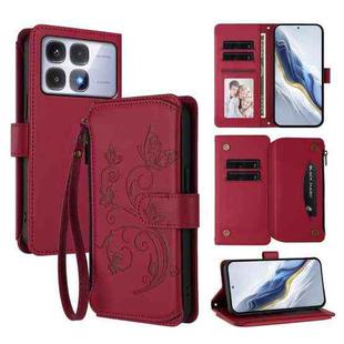 For Redmi K70 Ultra Butterfly Love Flower Multi-card Zipper Wallet Leather Phone Case(Wine Red)