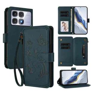 For Redmi K70 Ultra Butterfly Love Flower Multi-card Zipper Wallet Leather Phone Case(Dark Green)