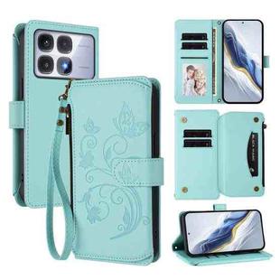 For Redmi K70 Ultra Butterfly Love Flower Multi-card Zipper Wallet Leather Phone Case(Mint Green)