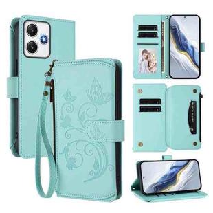 For Redmi 12 4G / 5G / Note 12R Butterfly Love Flower Multi-card Zipper Wallet Leather Phone Case(Mint Green)