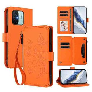 For Redmi 11A / Xiaomi Poco C55 Butterfly Love Flower Multi-card Zipper Wallet Leather Phone Case(Orange)