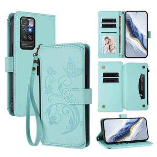 For Redmi 10 2022 Butterfly Love Flower Multi-card Zipper Wallet Leather Phone Case(Mint Green)