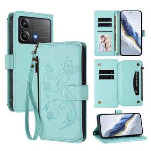 For Xiaomi Poco X6 Neo Butterfly Love Flower Multi-card Zipper Wallet Leather Phone Case(Mint Green)