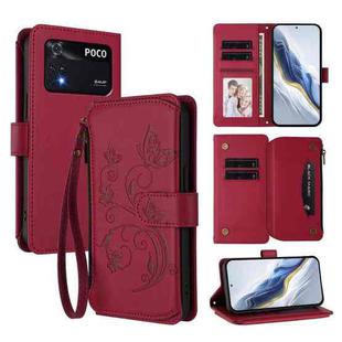 For Xiaomi Poco M4 Pro 4G Butterfly Love Flower Multi-card Zipper Wallet Leather Phone Case(Wine Red)