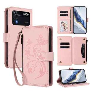 For Xiaomi Poco M4 Pro 4G Butterfly Love Flower Multi-card Zipper Wallet Leather Phone Case(Pink)