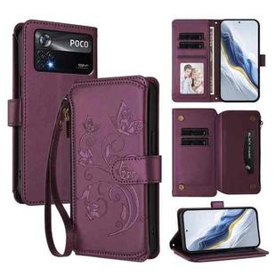 For Xiaomi Poco X4 Pro 5G Butterfly Love Flower Multi-card Zipper Wallet Leather Phone Case(Dark Purple)