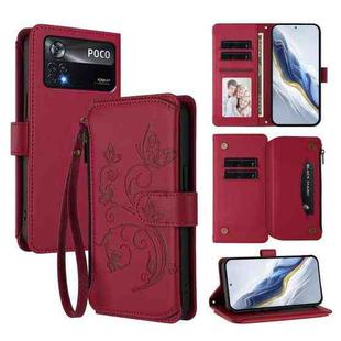 For Xiaomi Poco X4 Pro 5G Butterfly Love Flower Multi-card Zipper Wallet Leather Phone Case(Wine Red)