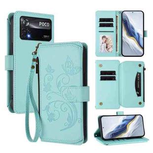 For Xiaomi Poco X4 Pro 5G Butterfly Love Flower Multi-card Zipper Wallet Leather Phone Case(Mint Green)