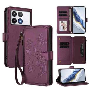 For Xiaomi Poco F6 Pro Butterfly Love Flower Multi-card Zipper Wallet Leather Phone Case(Dark Purple)