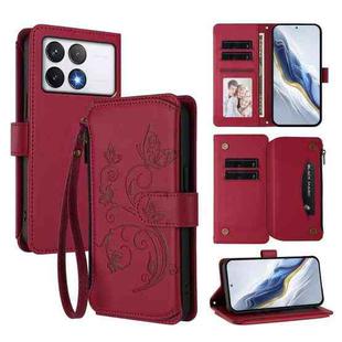 For Xiaomi Poco F6 Pro Butterfly Love Flower Multi-card Zipper Wallet Leather Phone Case(Wine Red)