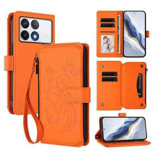 For Xiaomi Poco F6 Pro Butterfly Love Flower Multi-card Zipper Wallet Leather Phone Case(Orange)