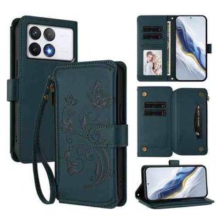 For Xiaomi Poco F6 Pro Butterfly Love Flower Multi-card Zipper Wallet Leather Phone Case(Dark Green)