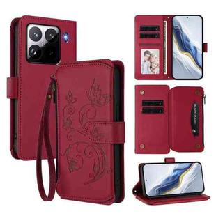 For Xiaomi 15 Pro Butterfly Love Flower Multi-card Zipper Wallet Leather Phone Case(Wine Red)