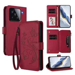 For Xiaomi 15 Butterfly Love Flower Multi-card Zipper Wallet Leather Phone Case(Wine Red)