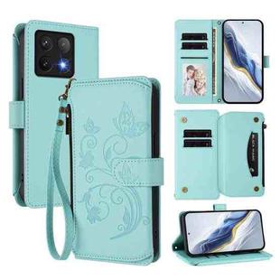 For Xiaomi 14T Pro Butterfly Love Flower Multi-card Zipper Wallet Leather Phone Case(Mint Green)