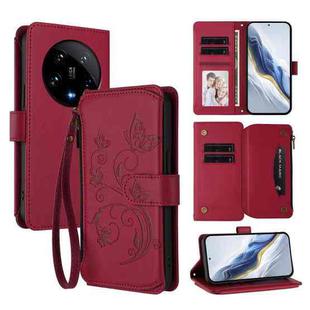 For Xiaomi 14 Ultra Butterfly Love Flower Multi-card Zipper Wallet Leather Phone Case(Wine Red)