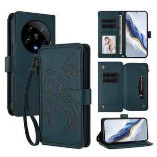 For Xiaomi 14 Ultra Butterfly Love Flower Multi-card Zipper Wallet Leather Phone Case(Dark Green)
