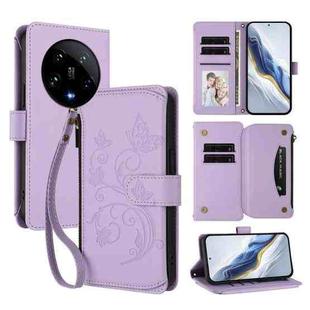 For Xiaomi 14 Ultra Butterfly Love Flower Multi-card Zipper Wallet Leather Phone Case(Light Purple)