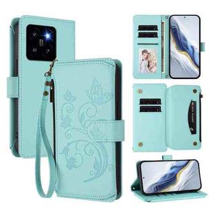 For Xiaomi 14 Pro Butterfly Love Flower Multi-card Zipper Wallet Leather Phone Case(Mint Green)