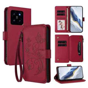 For Xiaomi 14 Butterfly Love Flower Multi-card Zipper Wallet Leather Phone Case(Wine Red)