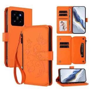 For Xiaomi 14 Butterfly Love Flower Multi-card Zipper Wallet Leather Phone Case(Orange)