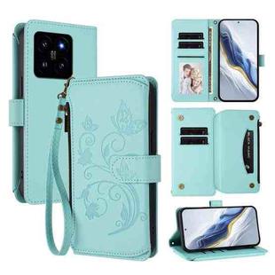 For Xiaomi 14 Butterfly Love Flower Multi-card Zipper Wallet Leather Phone Case(Mint Green)