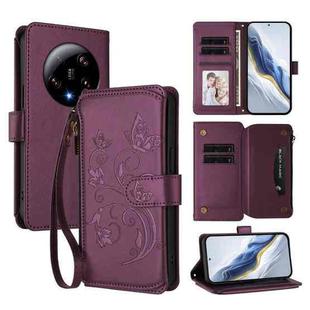 For Xiaomi 13 Ultra Butterfly Love Flower Multi-card Zipper Wallet Leather Phone Case(Dark Purple)