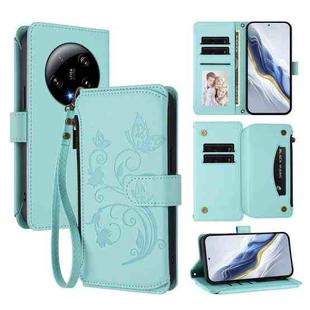 For Xiaomi 13 Ultra Butterfly Love Flower Multi-card Zipper Wallet Leather Phone Case(Mint Green)