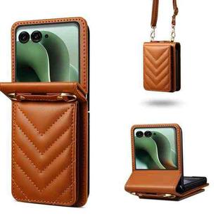 For Motorola Razr+ 2025 / 2024 Rhombic Folding Leather Phone Case with Long Lanyard(Brown)