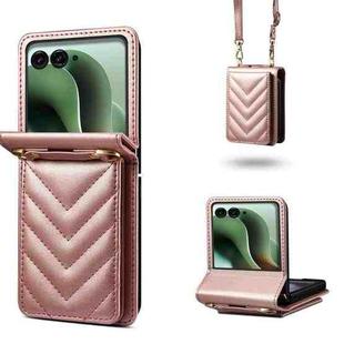 For Motorola Razr+ 2025 / 2024 Rhombic Folding Leather Phone Case with Long Lanyard(Rose Gold)