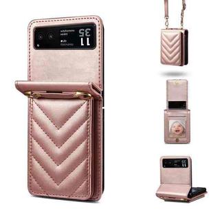For Motorola Razr 40 Rhombic Folding Leather Phone Case with Long Lanyard(Rose Gold)