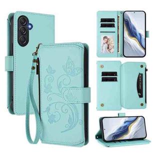For Samsung Galaxy M54 5G / F54 5G Butterfly Love Flower Multi-card Zipper Wallet Leather Phone Case(Mint Green)