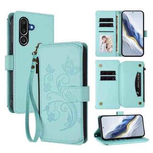 For Samsung Galaxy M56 5G Butterfly Love Flower Multi-card Zipper Wallet Leather Phone Case(Mint Green)