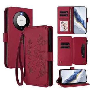 For Huawei Mate 60 Butterfly Love Flower Multi-card Zipper Wallet Leather Phone Case(Wine Red)