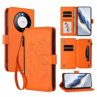For Huawei Mate 60 Butterfly Love Flower Multi-card Zipper Wallet Leather Phone Case(Orange)