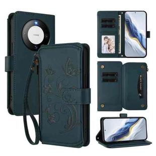 For Huawei Mate 60 Butterfly Love Flower Multi-card Zipper Wallet Leather Phone Case(Dark Green)