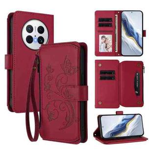 For Huawei Mate 70 Butterfly Love Flower Multi-card Zipper Wallet Leather Phone Case(Wine Red)