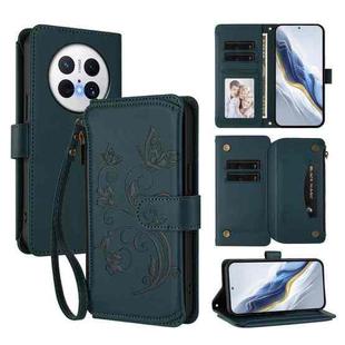 For Huawei Mate 70 Butterfly Love Flower Multi-card Zipper Wallet Leather Phone Case(Dark Green)