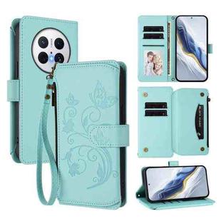For Huawei Mate 70 Butterfly Love Flower Multi-card Zipper Wallet Leather Phone Case(Mint Green)